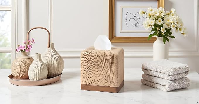 Hymmah Wooden Texture Square Tissue Box Cover Cube Tissue Holder Unique Design Klenex Box Dispenser for Bathroom Vanity Counter Tops Also Great for Bedrooms and Living Rooms