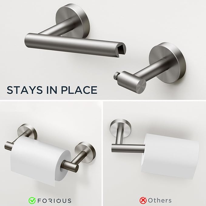 FORIOUS Bathroom Accessories, 4-Piece Bathroom Hardware Set - 24" Towel Bar | Brushed Nickel | Towel Hooks, Towel Racks for Bathroom, Toilet Paper Holder Wall Mounted, Towel Ring | SUS304 Stainless Steel