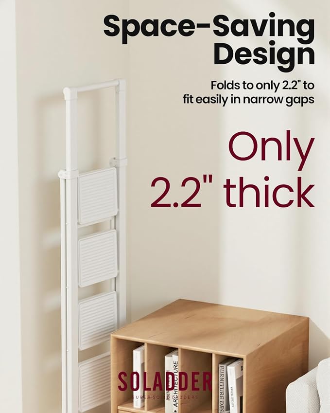 4 Step Ladder, Lightweight Folding Step Stool, Pure White | Reach 8ft;Anti-Slip Wide Pedal;Portable Handrail;Space-Saving;For Kitchen, Home, Library, Office Use;300lbs Capacity