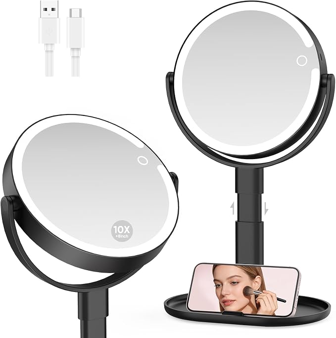 Rechargeable Lighted Makeup Mirror,10X Magnification, 8 Inch | 3 Adjustable Light Colors, Rechargeable Cordless Design, Adjustable Height, Storage Base with Phone Holder,Touch Control