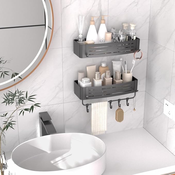 Onemake Shower Caddy Suction Cup, 2 Pack Shower Shelf with Hooks for Bath | No-drilling Rustproof Aluminum Removable Caddy with Towel Bar, Waterproof Shower Organizer, Corner Shampoo Holder, Gray