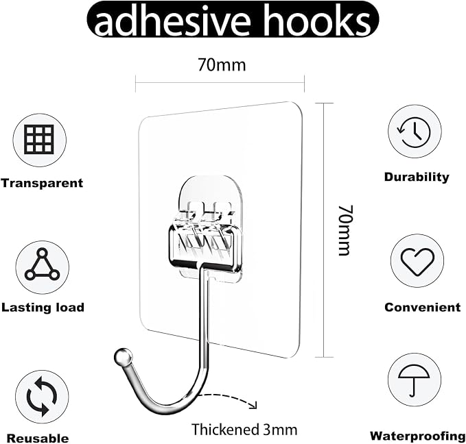 Large Hooks for Hanging Heavy-Duty 44Ib(Max) Self Adhesive-Hooks for Hanging, Traceless Clear and Removable, Waterproof and Rustproof Multiple Uses for Bathroom Kitchen Home 18 Pack