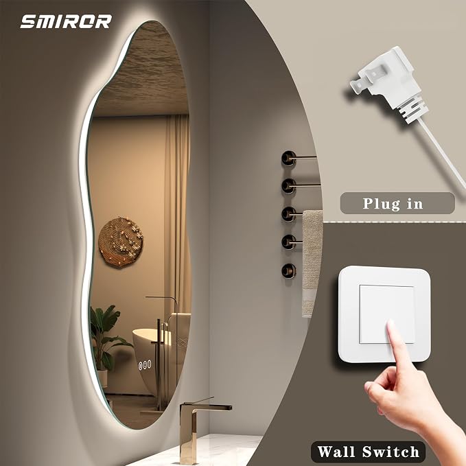 SMIROR 20x36 Irregular Backlit Led Lighted Bathroom Vanity Mirror | Asymmetrical, Cloud Shape, Anti-Fog, 3 Colors, Dimmable, Memory, Tempered Glass, UL