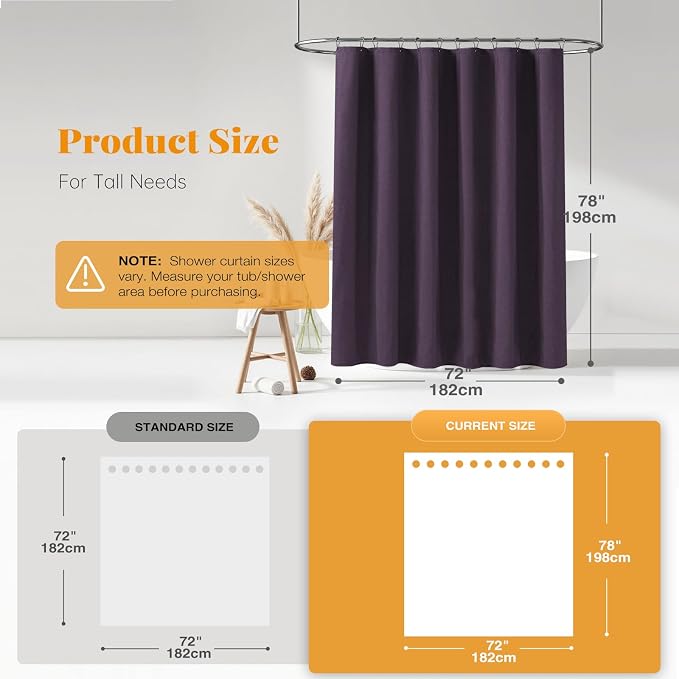 72x78 Linen Textured Waterproof Thcik Fabric Shower Curtain, Purple | Long Size, 230GSM Polyester, Heavy Duty Cloth, Weighted Hem, 12 Plastic Hooks, Modern Luxury Hotel Style, Machine Washable