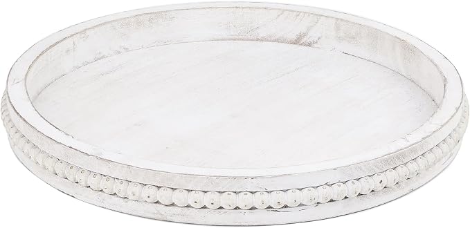 Round Wood Serving Tray with Beads, White Washed Wooden Decorative Tray for Entertaining, Decoration, and Gifting