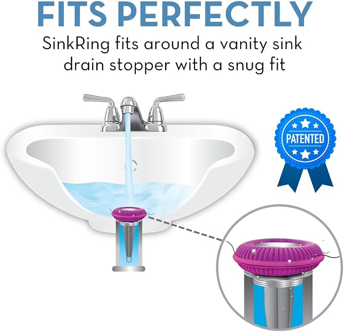 SinkRing Bathroom Sink Drain Protector & Strainer for Sink Stoppers, Purple | Easy snap-in design. Precision clog-free trap prevents loss of earrings, jewelry or contacts. Fits 1.37" - 1.57" stoppers.