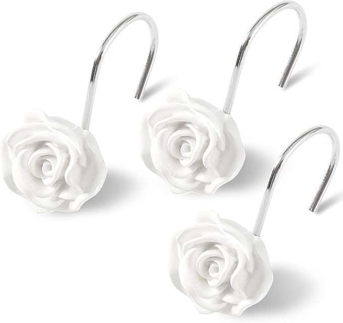 Cute Rose Floral Shower Curtain Hooks Rings for Bathroom,White 12PCS | Metal Rustproof Curtain Hooks Shower Rings,Girls Decorative Flower Bathroom Decor,for Bathroom Shower Rods
