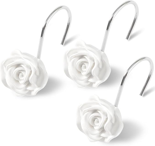 Cute Rose Floral Shower Curtain Hooks Rings for Bathroom,White 12PCS | Metal Rustproof Curtain Hooks Shower Rings,Girls Decorative Flower Bathroom Decor,for Bathroom Shower Rods