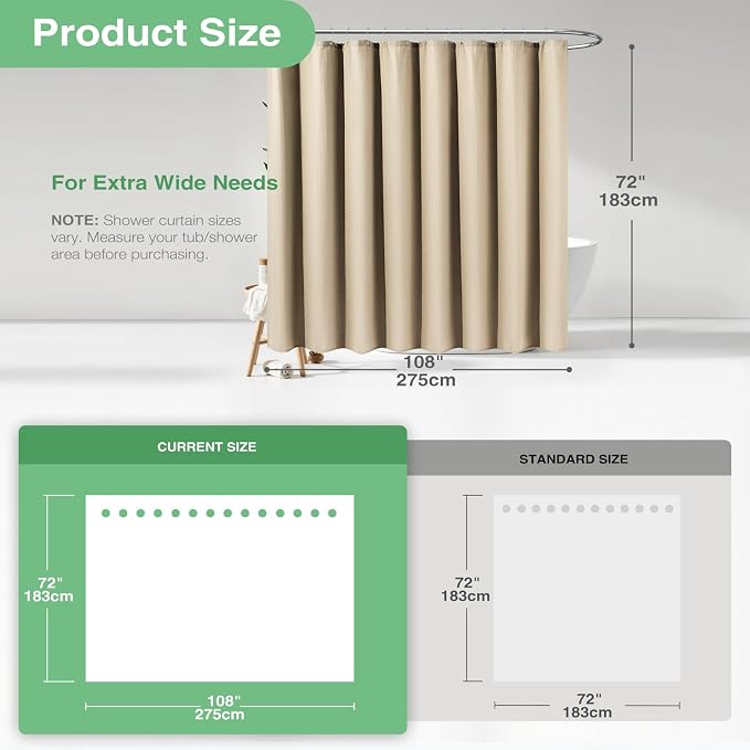 Extra Wide Waffle Shower Curtain 256 GSM Fabric 108x72 Beige/Khaki | 108 Inch Wide, Thick Polyester Cloth, Weighted Hem, Water Repellent, Washable, Hotel Shower Curtain Set for Bathroom 18 Hooks