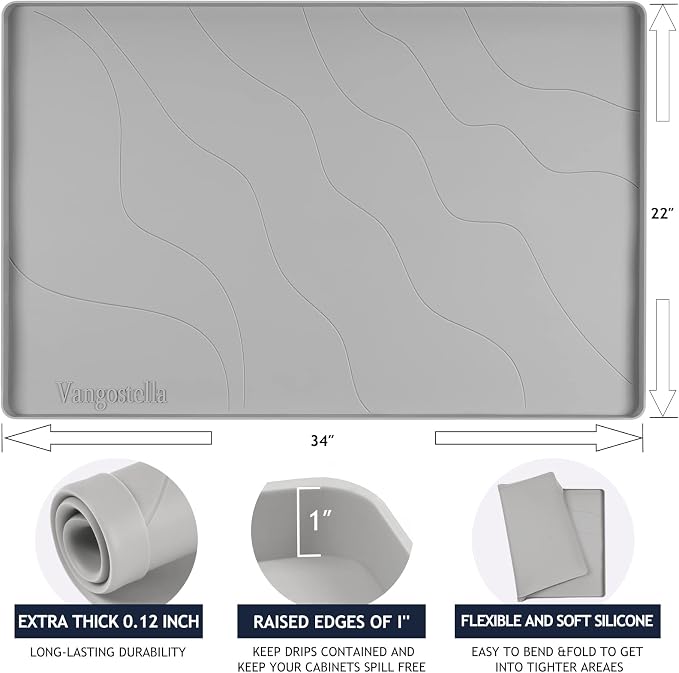 Heavy Duty Silicone Under Sink Mats for Kitchen Waterproof 31" x 22", Extra Thick Under Sink Rubber Mat Drip Tray, Raised Edge Under Sink Liner,Prevent Drips, Leaks, Spills,Grey