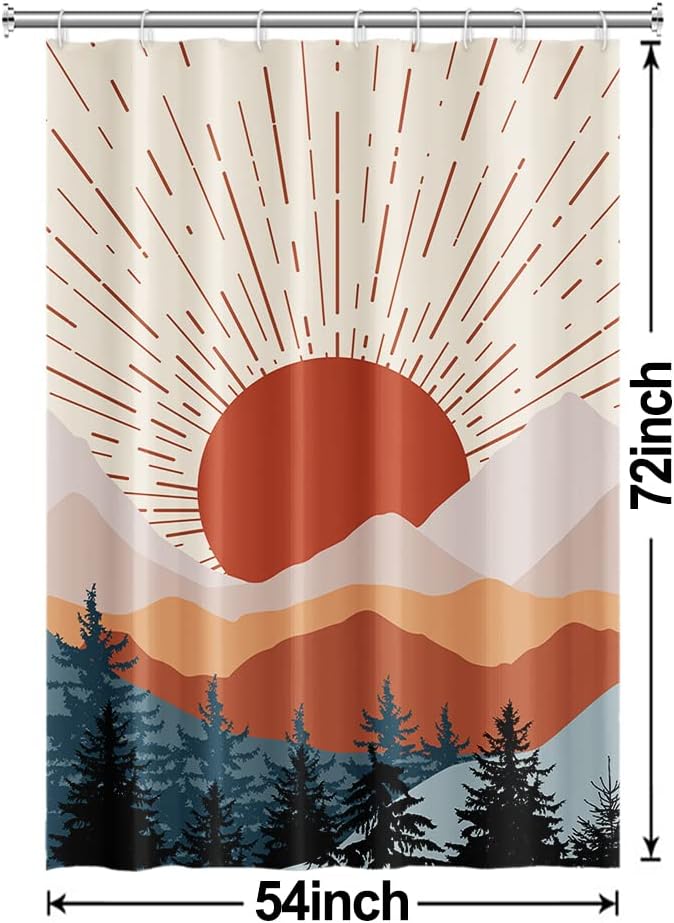 Boho Sunrise Shower Curtain with Hooks for Bathroom 54x72 Inch | Waterproof Abstract Terracotta Mountain Forest Shower Curtain Set, Soft Bathroom Decor, Machine Washable