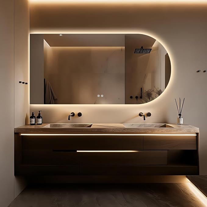 Arched LED Bathroom Mirror, 48"x24" Arch Framless Backlit Mirror with Lights Vanity Mirror for Makeup, Anti-Fog, Dimmable, 3-Color, Memory Function, IP65 Waterproof, UL Listed, Horizontal-Left