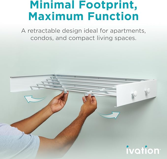 Ivation Retractable Wall Mounted Clothes Drying Rack, 32" Foldable Laundry Drying Rack for Clothing | Collapsible Space-Saving Design & 5 Rods | Easy Installation with Hardware & Wall Template (White)