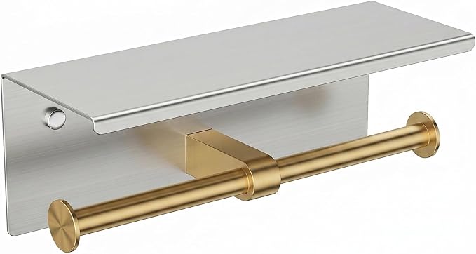 FORIOUS Toilet Paper Holder with Shelf, Commercial Toilet Paper Dispensers | Stainless Steel & Gold | Wall Mount Bathroom Tissue Holder | SUS304 Stainless Steel Rustproof | Double Tissue Roll Holder
