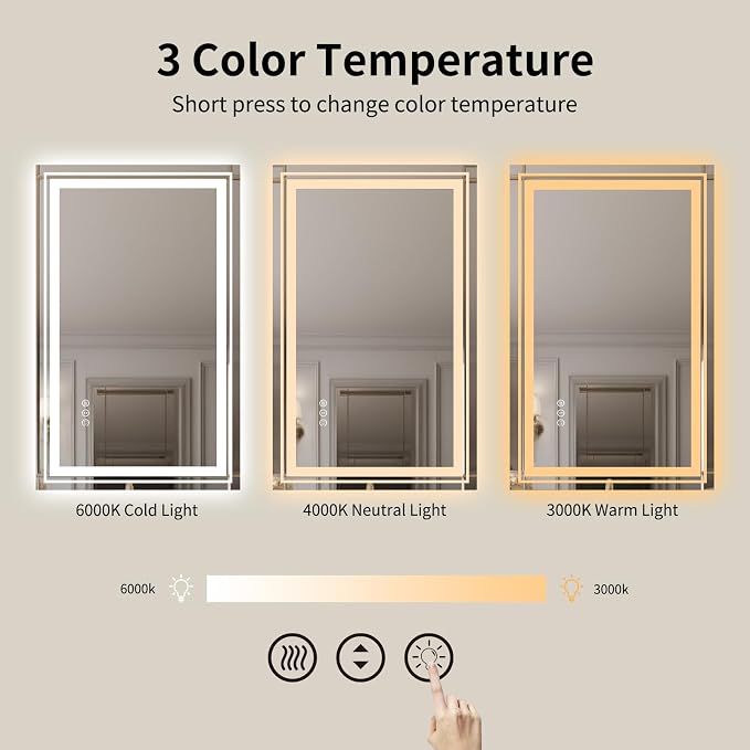 WTTY 48" x 32" LED Bathroom Mirror with Light | Anti-Fog, Dimmable, 3 Color Temperature, Memory Function, Tempered Glass, IP54 Waterproof, ETL Listed