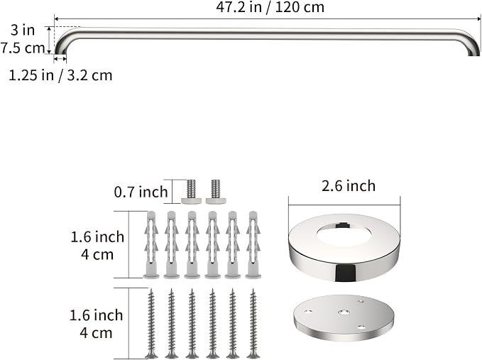 ZUEXT 48 Inch Extra Long Chrome Stainless Steel Shower Grab Bar, 1.25" Dia | Bathroom Balance Bar, Safety Hand Rail Support Bar, for Handicap Elderly Injury Senior, Wall Concealed Mount Assist Handle
