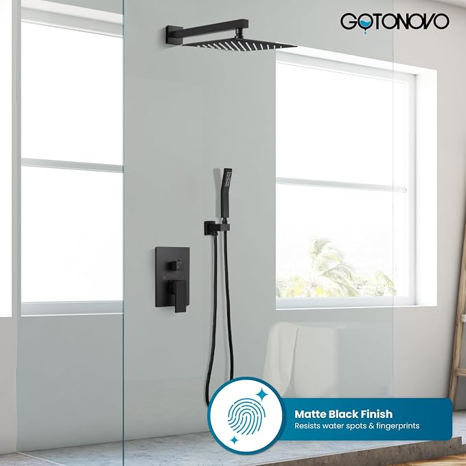 gotonovo Shower Faucet Set with Handheld Spray Matte Black,10'' Head | SUS304 Rainfall Shower Head and Handle Set System Fixture,Pressure Balance Valve Trim Kit,Single Handle,Wall Mount,All Metal
