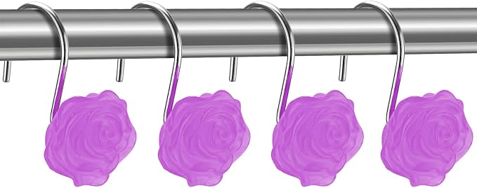 Rose Shower Curtain Hooks, Glow in The Dark, Pretty Floral Themed Elegant Bathroom Decor, Purple