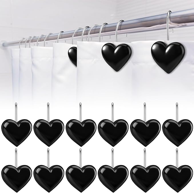 Yaocom 12 Pcs Black Heart Shower Curtain Hooks Rustproof Metal Bathroom | Decorative Shower Hangers Bulk Glide Curtain Rings for Bathroom Bedroom Living Room Art Decor, Classic Style Hangers