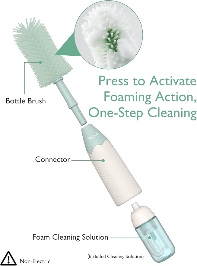 Momcozy Baby Bottle Brush Kit, Push-Press Foam Design, Green | Portable for Home & Travel, Bottle Cleaner Brush for Breast Pumps & Nipple, Newborn Essentials, Food-Grade BPA-Free