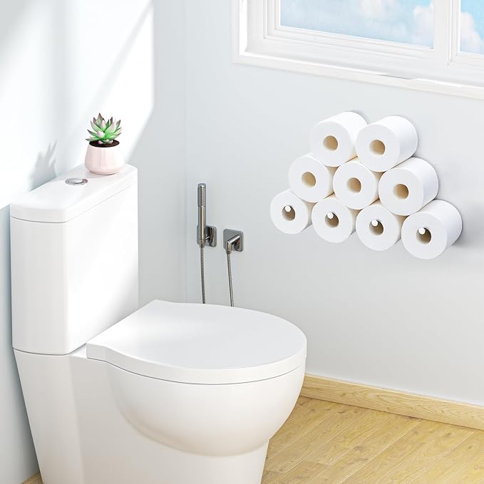 Toilet Paper Holder Wall Mount, Extra Toilet Paper Storage Metal, Modern Toilet Paper Organizer for 10 Rolls, Adhesive Toilet Paper Stand for Bathroom Kitchen Washroom (Sliver)