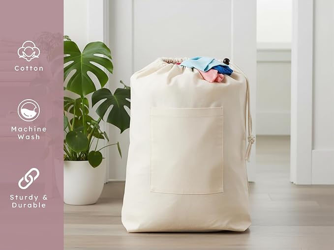Laundry Bag Durable Clothes Drawstring Bag Machine Washable Travel Laundry Organizer for Dorm, College, Hamper - Set of 1, 15 x 28 Inch, Laundry Bag - Natural