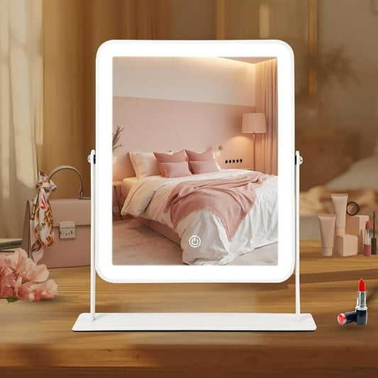14" X12" LED Vanity Mirror with Lights, 3-Color Dimmable Touch Control, Large Lighted Makeup Mirror, USB-Rechargeable Cordless Design, Sturdy Metal Frame, Oversized Tabletop Mirror, Gift-Ready