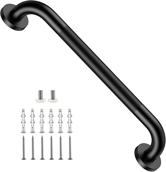 ZUEXT 20 Inch Matte Black Anti Slip Shower Grab Bar with Knurled Grip | Bathroom Balance Support Rail, Assist Handle for Handicap Seniors, Wall Mount Stainless Steel Bath Safety Handrail, 1.25" Dia