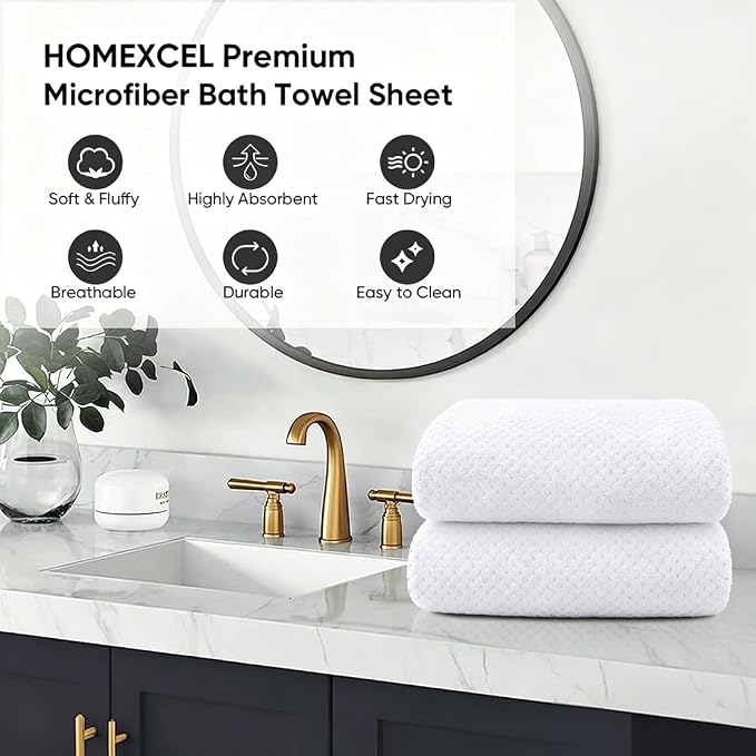 HOMEXCEL Bath Sheets 2PK, 35x70 in, Absorbent&Soft, Extra Large Bath Towel | Lightweight and Quick Drying Microfiber Towels for Bathroom, Yoga, SPA, Fitness, White