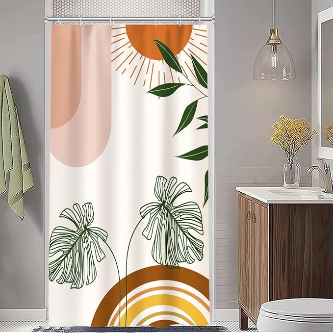 Boho Orange Stall Shower Curtain with Hooks 36x72 Inch | Waterproof Small Mid Century Abstract Green Leaves Bathroom Curtain for Shower Stall, Machine Washable