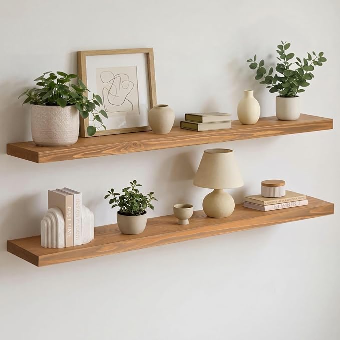 48 inch Golden Oak Floating Shelf, High End Solid Real Wood 48inch Small Floating Shelves for Wall Mounted, Oak Wooden 48in Floating Shelves, Heavy Duty Bracket, 48 X 6.5 X 1.75 in, Set of 3