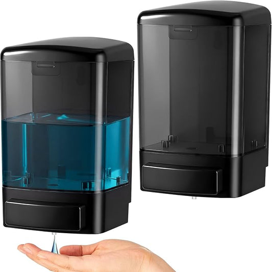 Hushee 2 Pcs Plastic Wall Mounted Soap Dispenser Commercial Manual Soap Containers Wall Dispenser for Kitchen Shower Hotel Liquid Shampoo Gel Chamber (33.8 oz 1000 ml,All Black)