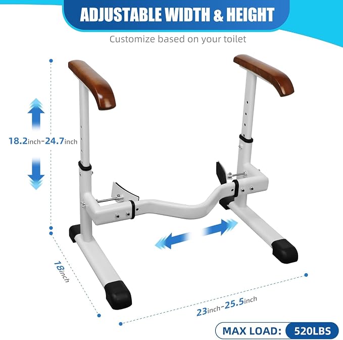 FSA/HSA Eligible Toilet Safety Rails for Elderly with Solid Wood Handles, Adjustable Height & Width, Heavy Duty Thickened Toilet Safety Frame, 520 LBS Capacity, Handles for Disabled & Seniors
