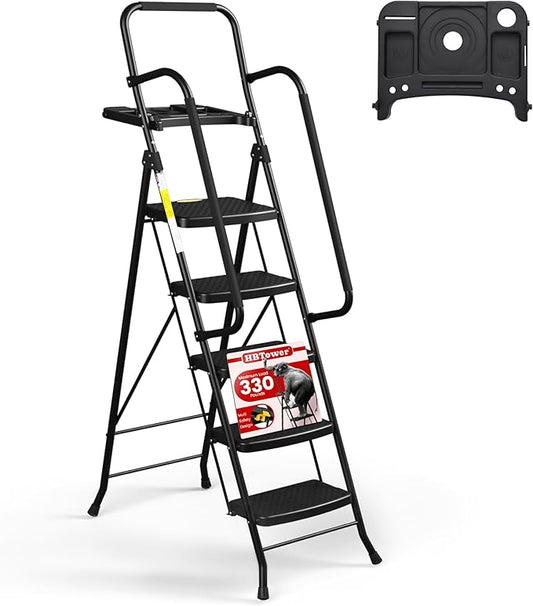 HBTower Step Ladder, Folding Step Stool with Wide Anti-Slip Pedal | Sturdy Steel Ladder, Convenient Handrail, Lightweight, Portable Steel Step Stool