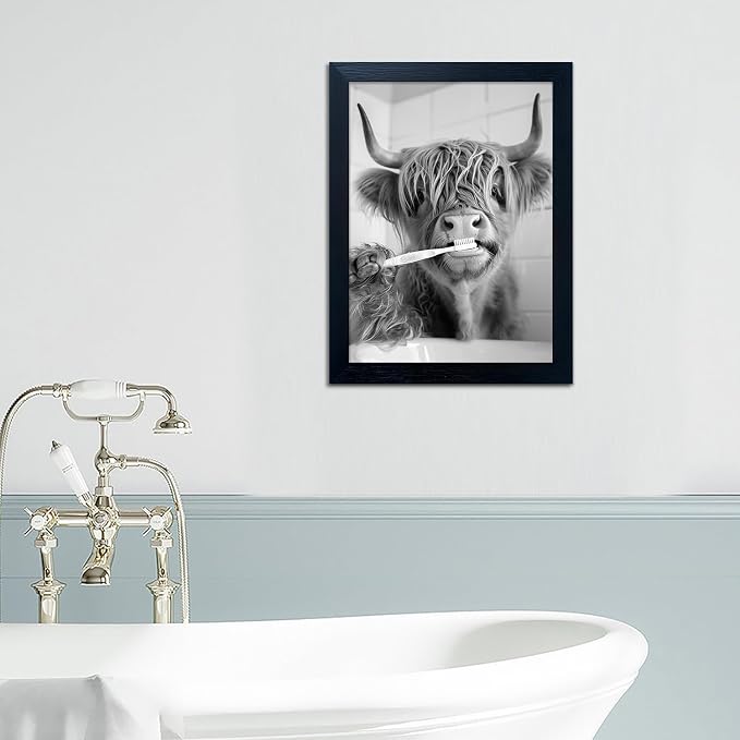 Highland Cow Framed Black and White Wall Art, Funny Cow Pictures in Toilet, Animal Canvas Print for Bathroom Decor