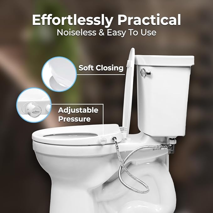 GenieBidet Left Side Bidet Toilet Seat Elongated - Dual Nozzles with T adapter & Bottle - Adjustable Water Pressure & Slow Close Bidet Seat Elongated with No Wiring & Easy Installation