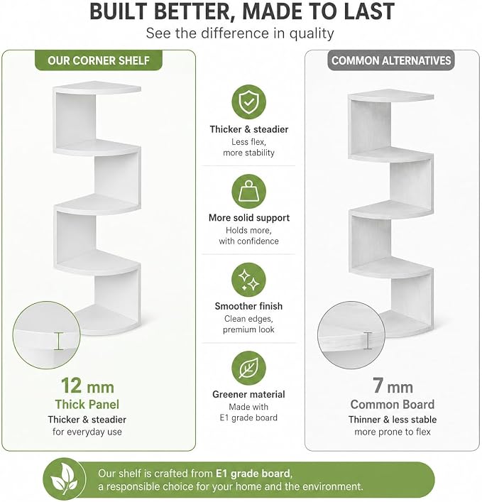 No-Drill Corner Shelf Wall Mount, 5-Tier Thickened 12mm Floating Bookshelf with Hooks, Space-Saving Zigzag Plant Shelf for Bedroom, Living Room, Bathroom, Home Office