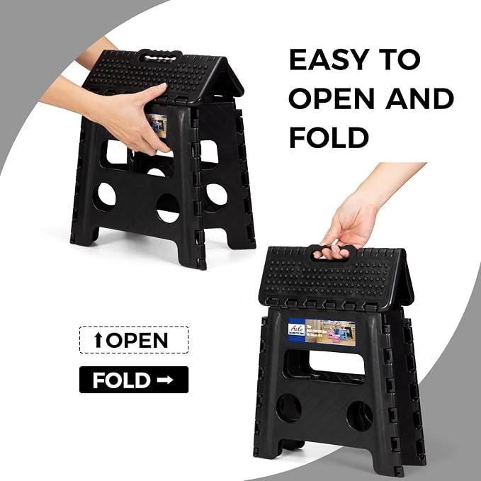 ACKO 13" Folding Step Stool, Non-Slip Surface for Adults & Kids, Dot Black | Collapsible Heavy Duty Foldable Stools, Portable Foot Stepping Stool Holds 300 lbs, Kitchen Bathroom Outdoor, Built-in Handle