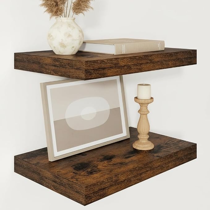 Vivelove Deep Floating Shelves for Wall 16x12” Set of 2, Rustic Brown | Easy Install With Hardware, 2" Thick, Invisible Brackets, Wall Mounted, No Sagging, For Any Room