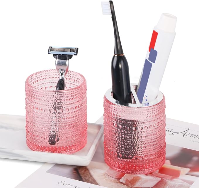 Pink Toothbrush Holders for Bathrooms, Glass Toothbrush Holder with 2 Slot Divider, 10oz Bathroom Tumbler and Mouthwash Cup, Tooth Brush Holder for Brushes, Toothpaste