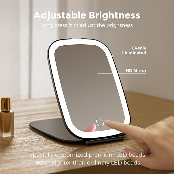 NEZZOE Rechargeable Travel Makeup Mirror with LED Light, 7x5 Inch, Black