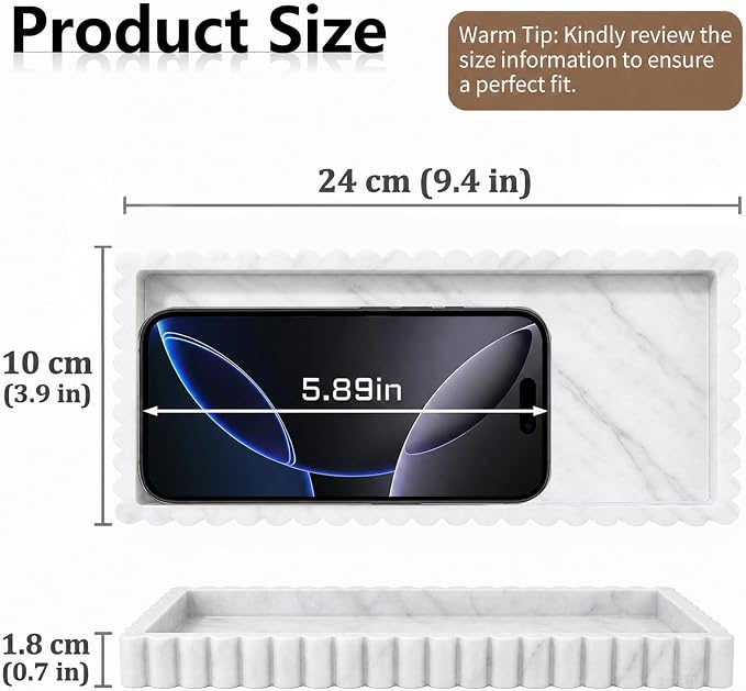 Bathroom Vanity Tray - 9.4''x3.9'' Silicone Bathroom Tray with Scalloped Edge, Counter Top Tray for Vanity Sink Countertop, Decorative Organizer for Cosmetics Jewelry, Rectangular, Marble Gray