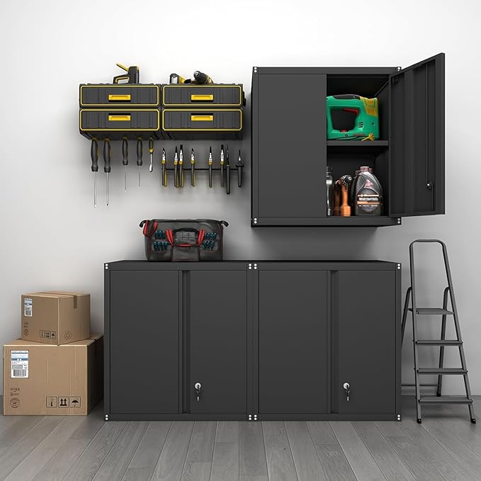 GREATMEET Locking Metal Wall Cabinets for Garage, Garage Cabinets Wall Mount, Steel Floating Hanging Storage Cabinet with Doors and Adjustable Shelf for Utility Room | 27.95" H Wall Mount Storage Cabinet, Steel Hanging Utility Tool Cabinet for Garage S...