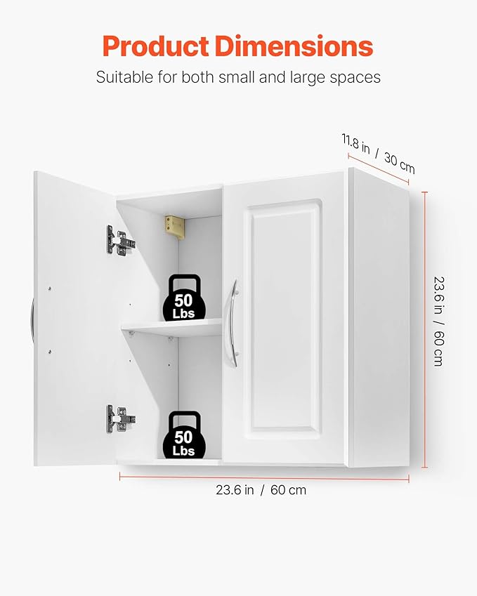 VEVOR Laundry Room Wall Cabinet, 2-Tier Wall Mounted Hanging Cabinet with Adjustable Shelf, Cupboard Storage with 2 Doors, for Kitchen, Bathroom, Laundry, 11.8 x 23.6 x 23.6 in (D x W x H), White