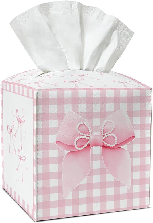 Pink Bow Tissue Box Covers Square, Pink and White Checkered Leather Tissue Box Holders Decorative for Car Nightstand Home Office Bathroom Organizer, Square Facial Paper Organizer Home Decor -018