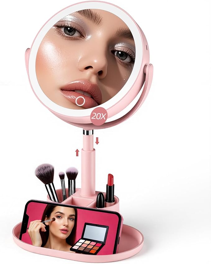 20X Magnifying Mirror with Lights and Storage, Double Sided Vanity Mirror | Rechargeable Makeup Mirror, 3 Color Lighting, Fast Charge and Long-lasting Work, Height Adjustable, Memory Function, Pink
