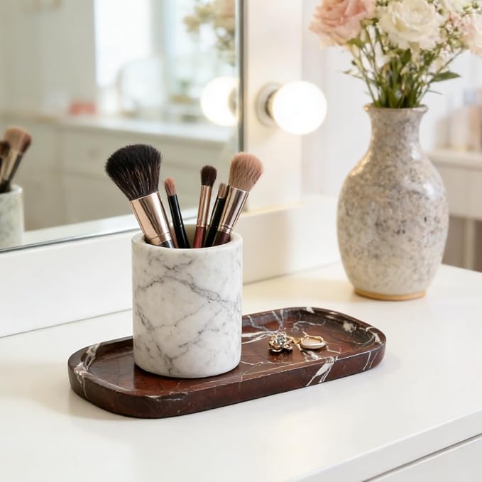 Marble Tray, 10"x5" Marble Vanity Tray for Bathroom Countertop Kitchen Sink, Rectangular Stone Tray for Perfume Fragrance, Decorative Catchall Tray Jewelry Cosmetics Organizer(Red)