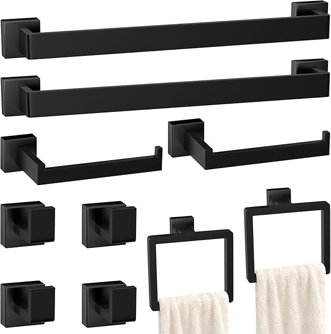 10-Pieces Matte Black Bathroom Accessories Set, 24 Inch Bath Towel Bar Set | Stainless Steel, Towel Ring, Toilet Paper Holder, Robe Hooks, Towel Racks for Bathroom Wall Mounted, Bathroom Hardware Set