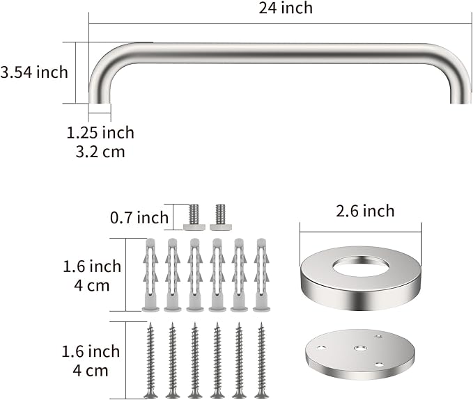 ZUEXT 24 Inch Brushed Nickel Stainless Steel Bathroom Shower Grab Bar | Safety Handrail for Shower Toilet Bathtub, Wall-Mounted, Handicap Grab Rail for Seniors Elderly Disabled, 1.25" Diameter