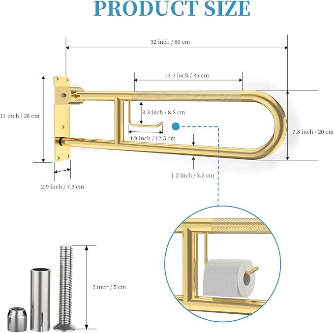 Flip Down Toilet Grab Bar 32 Inch Gold, Munzong Anti-Slip Handicap Grab Bar | with Paper Holder Flip-Up Bathroom Safety Rails Stainless Steel Knurled Support handrails for Seniors Elderly Disabled